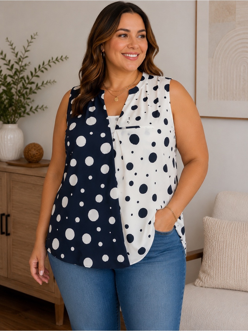 NWT Alfani Navy White Polka Dot Sleeveless Blouse XL Lightweight Career Top